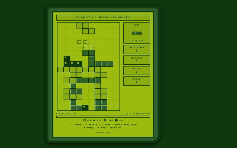 Mempool Drop: a Game Boy screen with falling transaction blocks, a next-piece preview, and a block capacity meter