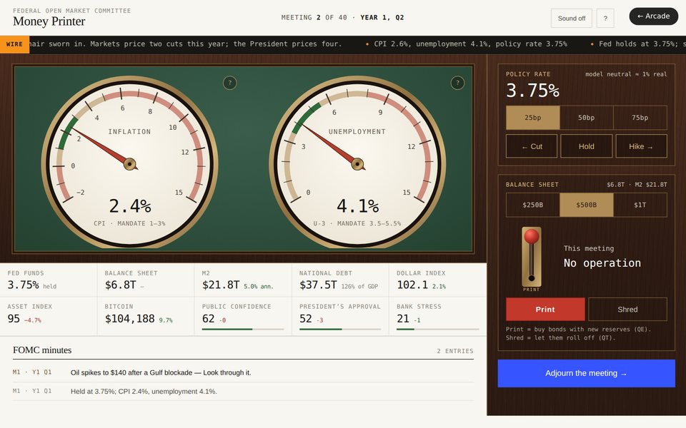 Money Printer: two brass gauges for inflation and unemployment on a green baize board, with a rate stepper and a red PRINT lever