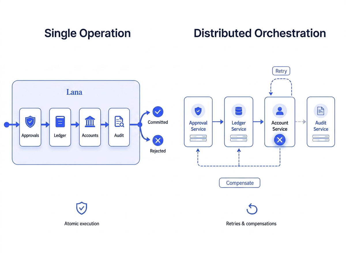 Side-by-side comparison: a single atomic operation across Approvals, Ledger, Accounts, and Audit modules within Lana, versus a distributed orchestration of separate services requiring retries and compensations