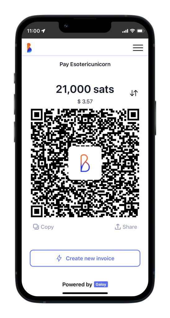 Phone showing a Bolt11 lightning network invoice on the Bitcoin beach wallet Lightning Cash Register